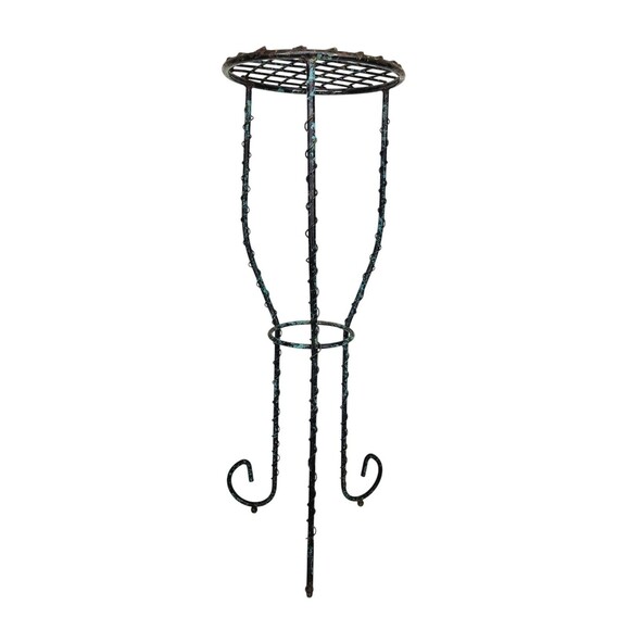 VTG Wrought Iron Twisted Scroll Ball Foot Pedestal Plant Stand Black Turquoise - Picture 6 of 13